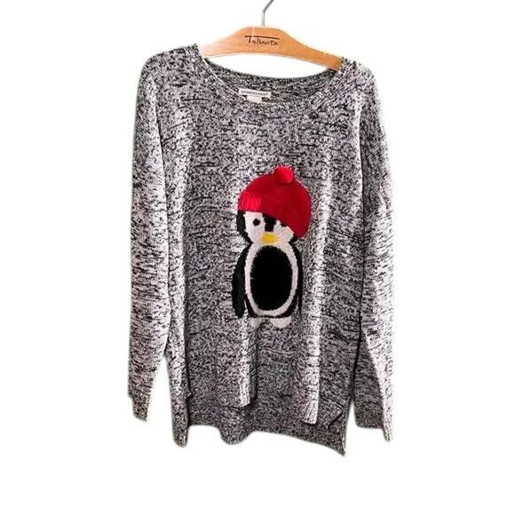 Reference Point XL Penguin Holiday Sweater Gray Marled Acrylic Knit - Picture 2 of 5